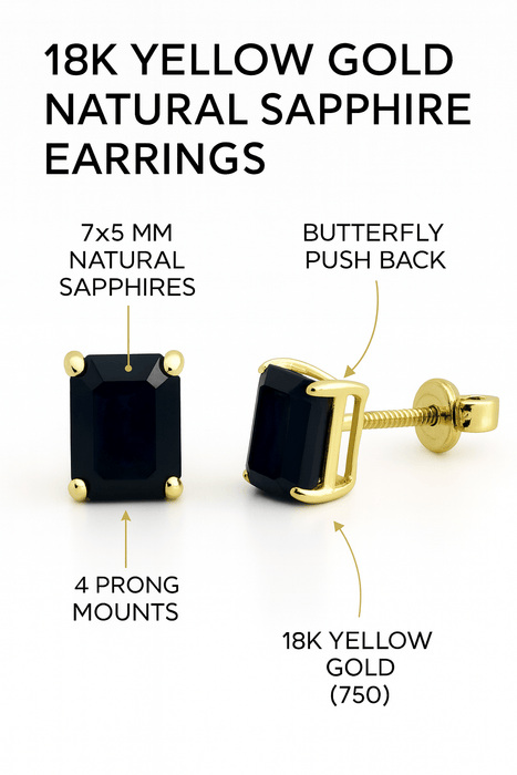 18K Yellow Gold Natural Sapphire Stud Earrings - MIMUKA