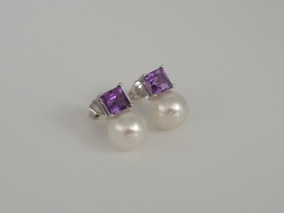 South Sea Pearl and Precious Stones Amethyst, 18K White Gold Stud Earrings |  The South Sea Pearl |  The South Sea Pearl