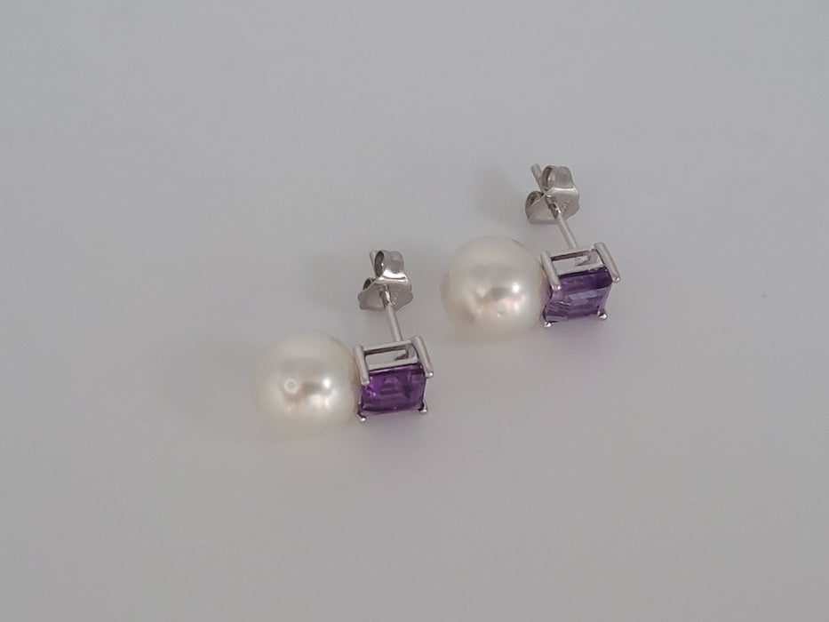 South Sea Pearl and Precious Stones Amethyst, 18K White Gold Stud Earrings |  The South Sea Pearl |  The South Sea Pearl