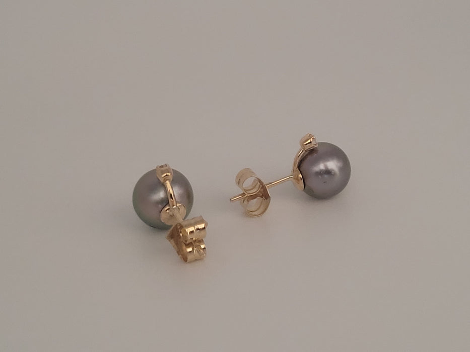 Stud Earrings Tahiti Pearls 9 mm AAA, Diamonds, 18K Solid Gold