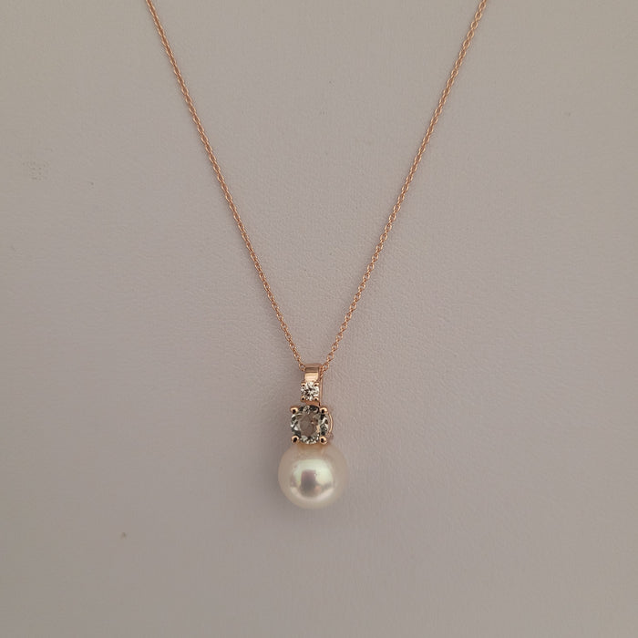 Akoya Cultured Pearl, Diamond, Green Amethyst, 18K Rose Gold necklace