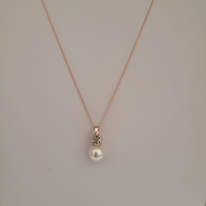 Akoya Cultured Pearl, Diamond, Green Amethyst, 18K Rose Gold necklace