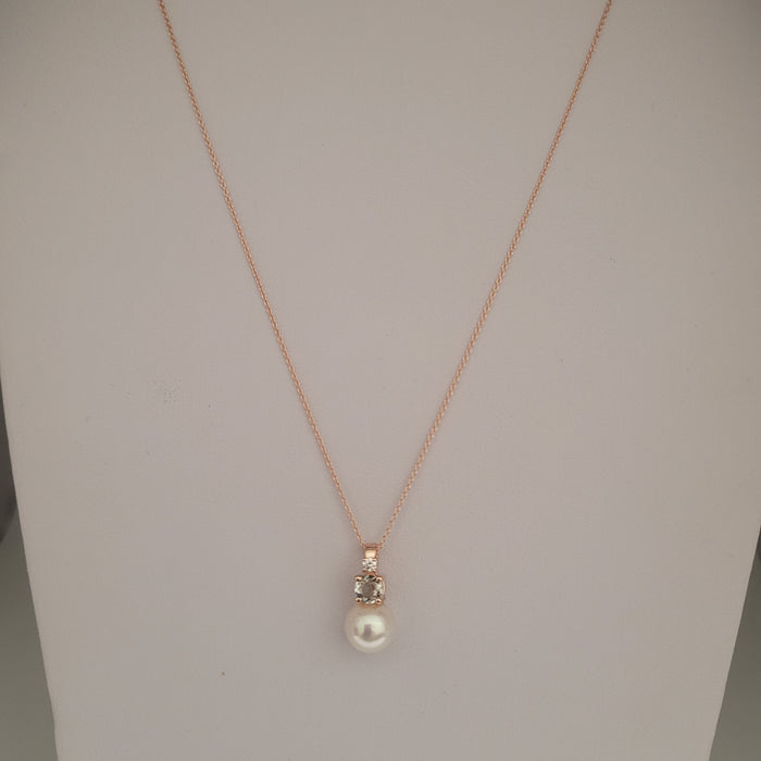 Akoya Cultured Pearl, Diamond, Green Amethyst, 18K Rose Gold necklace