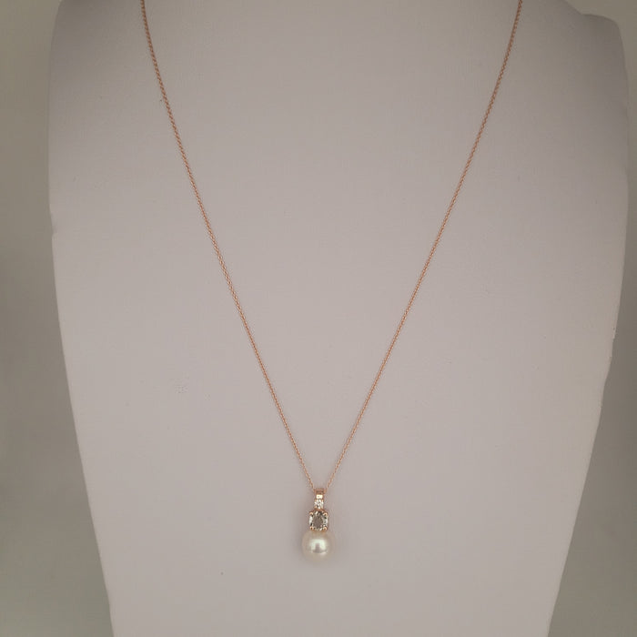 Akoya Cultured Pearl, Diamond, Green Amethyst, 18K Rose Gold necklace