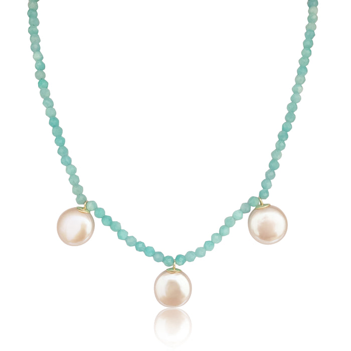 Cultured Pearls 12 mm Coin, Amazonite Precious Stones, 18K Gold