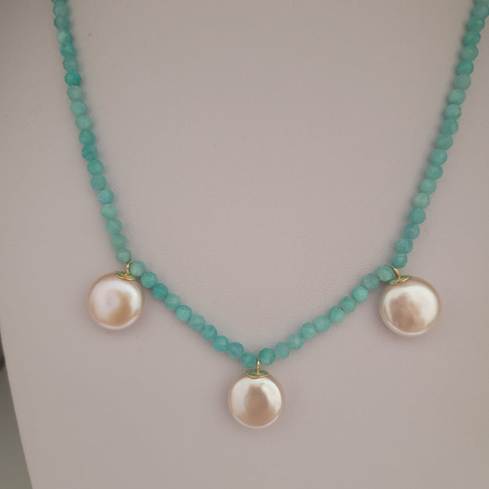 Cultured Pearls 12 mm Coin, Amazonite Precious Stones, 18K Gold