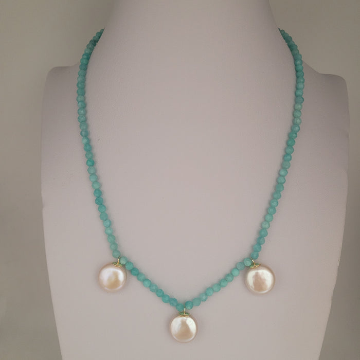 Cultured Pearls 12 mm Coin, Amazonite Precious Stones, 18K Gold