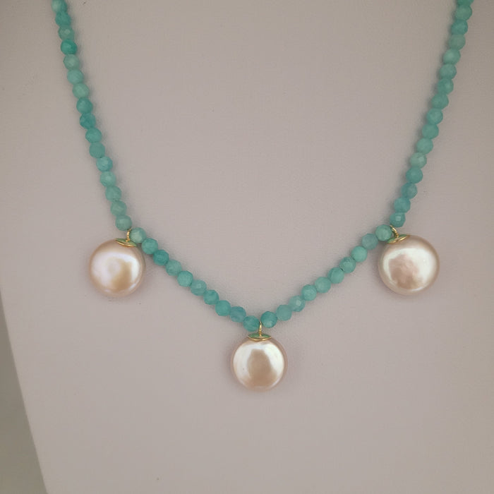 Cultured Pearls 12 mm Coin, Amazonite Precious Stones, 18K Gold