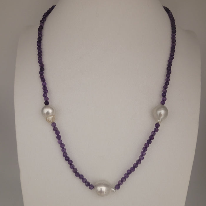 South Sea Pearls & Amethyst Precious Stones, 18K Gold Clasp Necklace