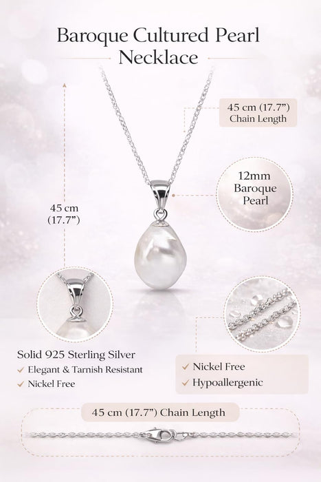 Baroque Cultured Pearl 11-12 mm AAA White Color Pendant