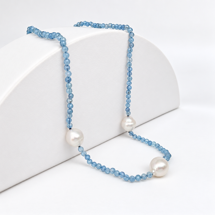 South Sea Pearls and Aquamarine Precious Stones Necklace