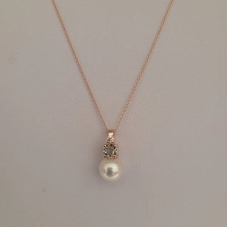Akoya Cultured Pearl, Diamond, Green Amethyst, 18K Rose Gold necklace |  The South Sea Pearl |  The South Sea Pearl