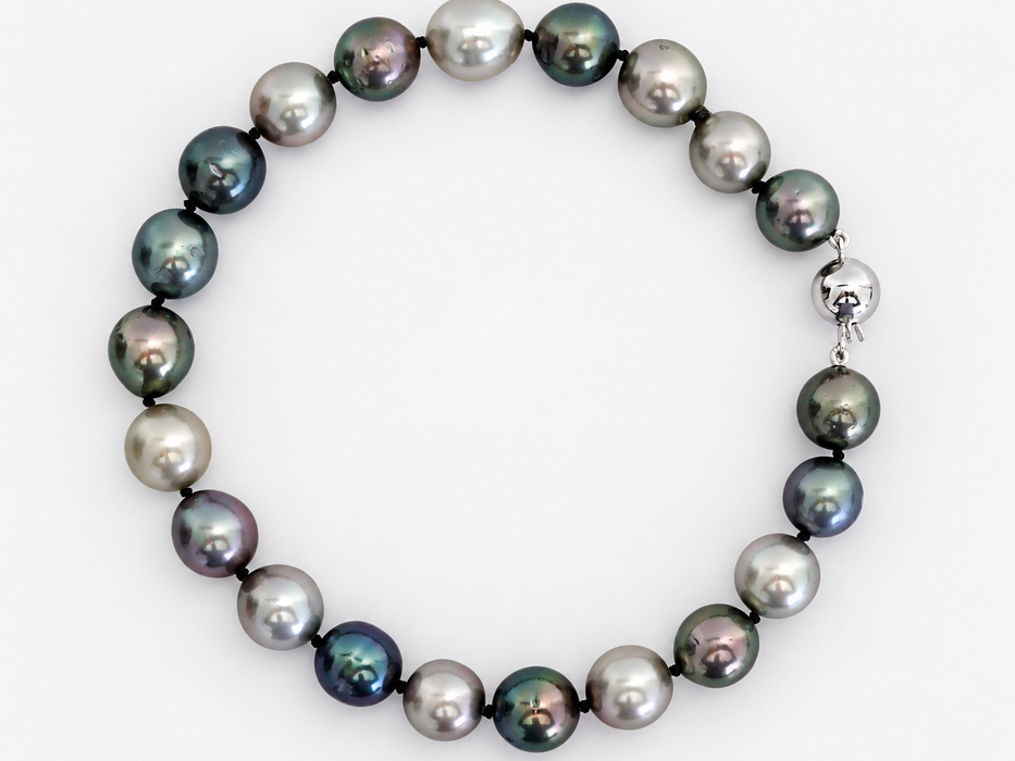 Bracciale perle di Tahiti 9-10 mm multicolore, chiusura oro bianco 18 carati