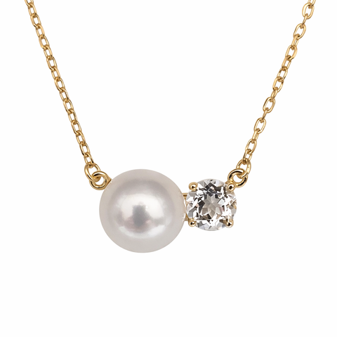White Cultured Pearls  White Topaz Stone Necklace