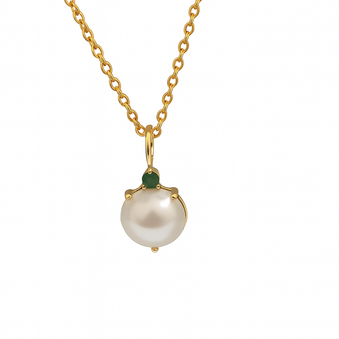 Yellow Gold 18K, Emerald, Australian Mabe Pearl Pendant Necklace