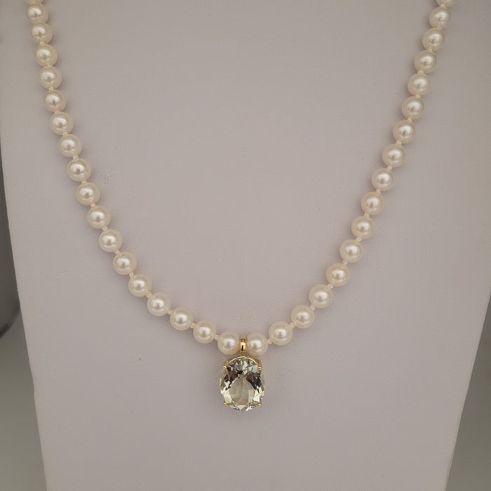 Cultured Pearl Necklace and Oval Green Amethyst Gemstone Pendant, 12 x 8 mm