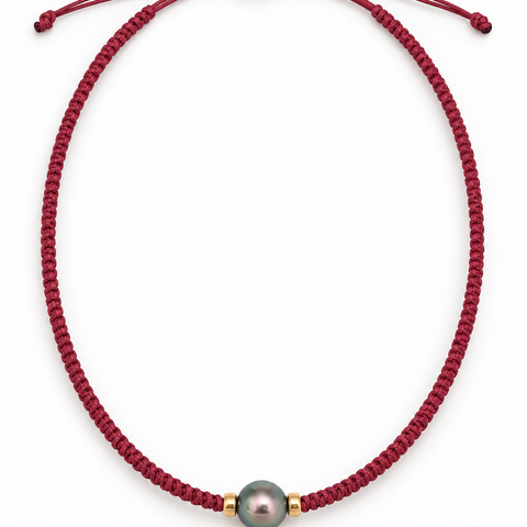 Tahiti Pearl 11-12 mm Necklace & Gold Donuts, Handmade in Macramé,