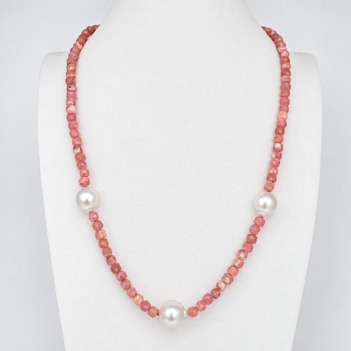 South Sea Pearl & Rhodochrosite Precious Stones 18K Gold Necklace