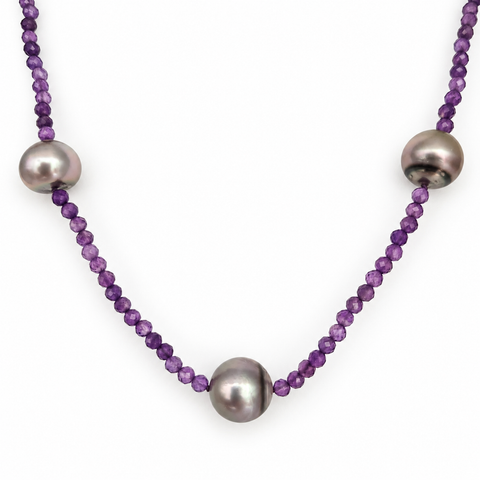 Tahiti Pearls Necklace & Amethyst Precious Stones, 18K Gold