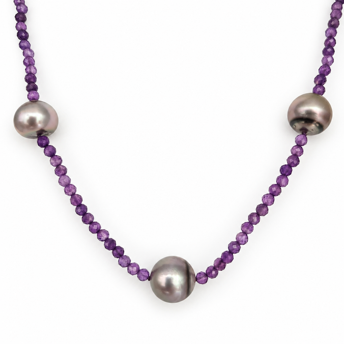 Tahiti Pearls Necklace & Amethyst Precious Stones, 18K Gold