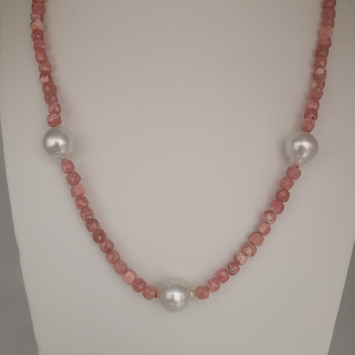 South Sea Pearl & Rhodochrosite Precious Stones 18K Gold Necklace