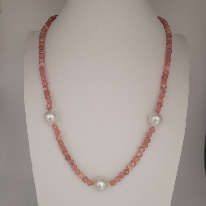 South Sea Pearl & Rhodochrosite Precious Stones 18K Gold Necklace