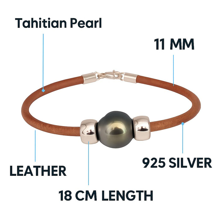 Tahiti Pearl 11-12 mm AAA Quality, handmade in Silver 925 and Natural Leather