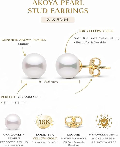 Orecchini a lobo in perle Akoya giapponesi 7,5-9 mm, oro 18 carati