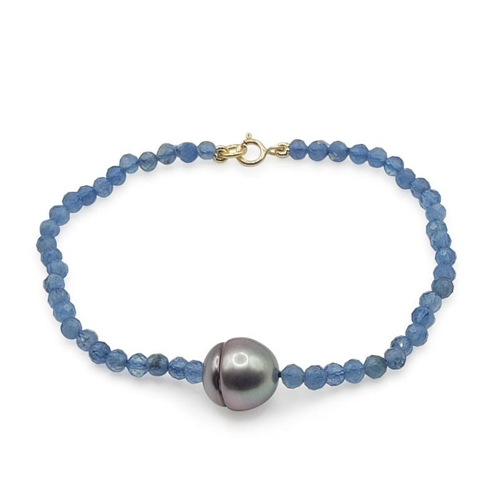 Tahiti Pearl Bracelet, Aquamarine Precious Stones, 18K Gold Clasp