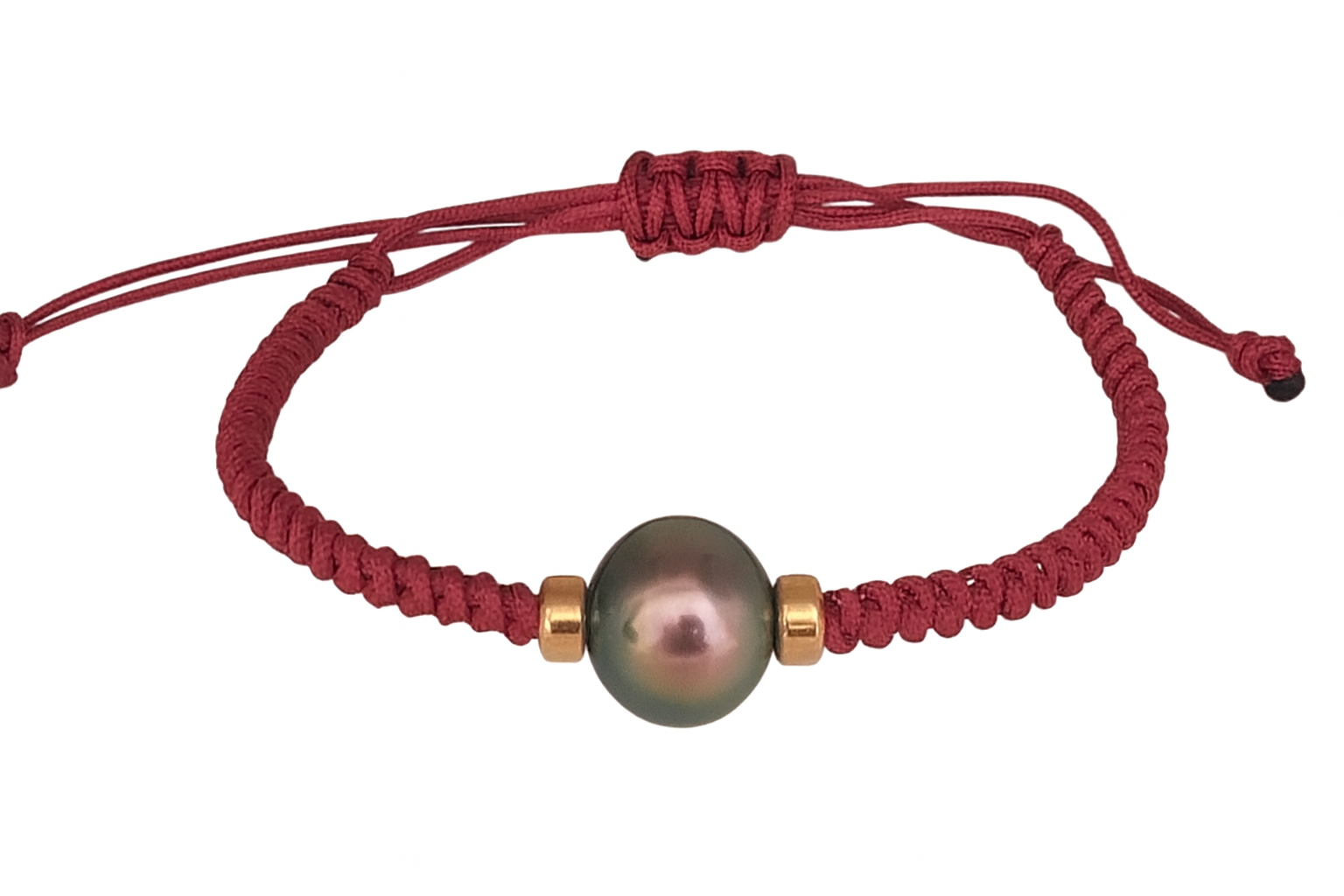 Tahiti Pearl Bracelet 11-12mm – Adjustable Red Cord with 18K Yellow Gold Beads – Genuine Tahitian Cultured Pearl Jewelry for Women”