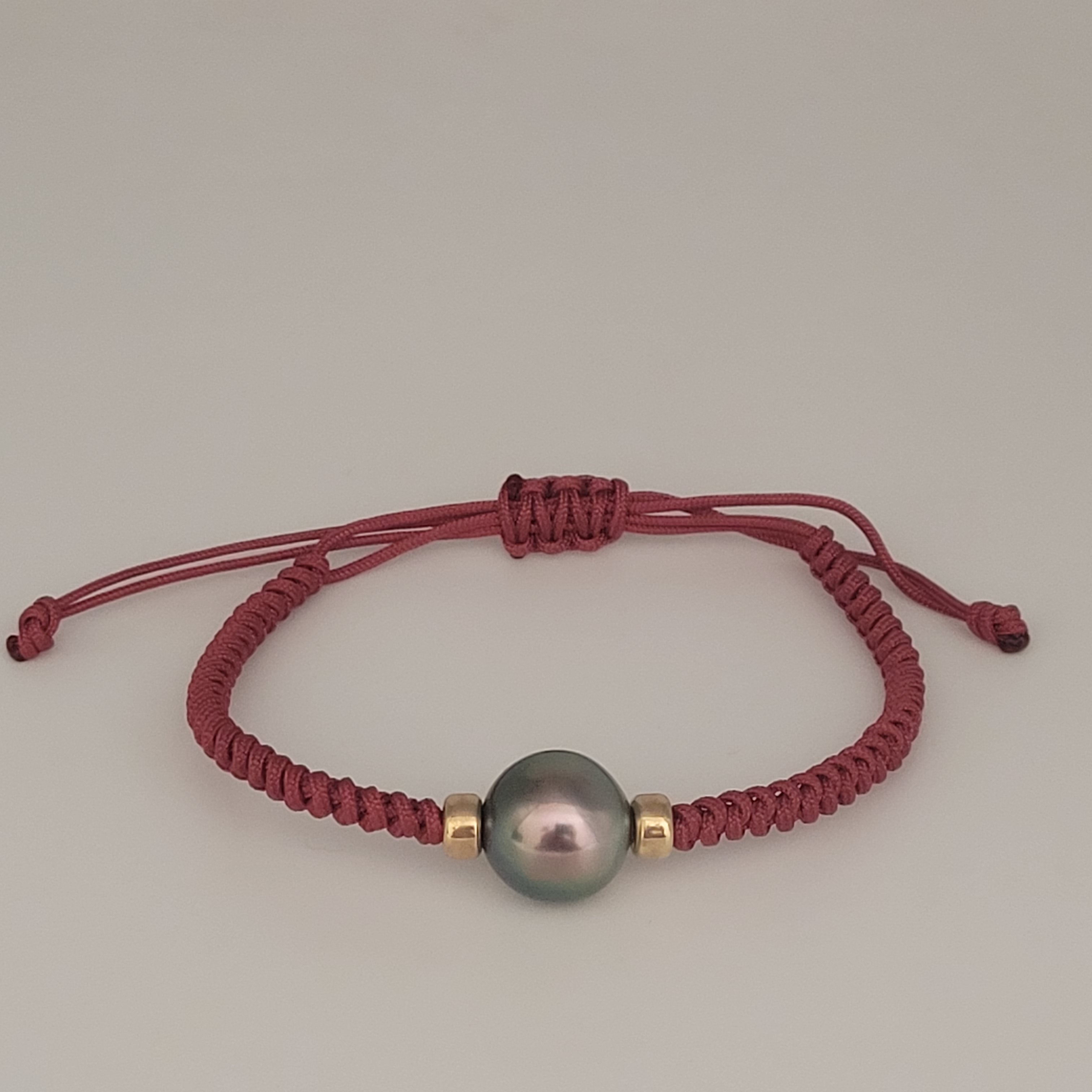 Tahiti Pearl Bracelet 11-12mm – Adjustable Red Cord with 18K Yellow Gold Beads – Genuine Tahitian Cultured Pearl Jewelry for Women”