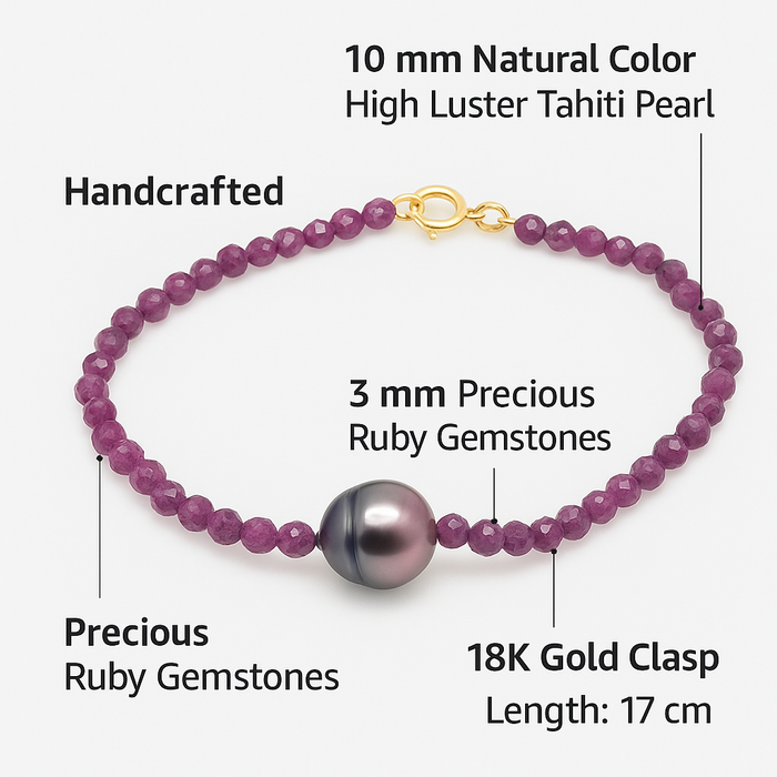 Tahiti Pearl Bracelet and Rubies Precious stones 18K Gold clasp