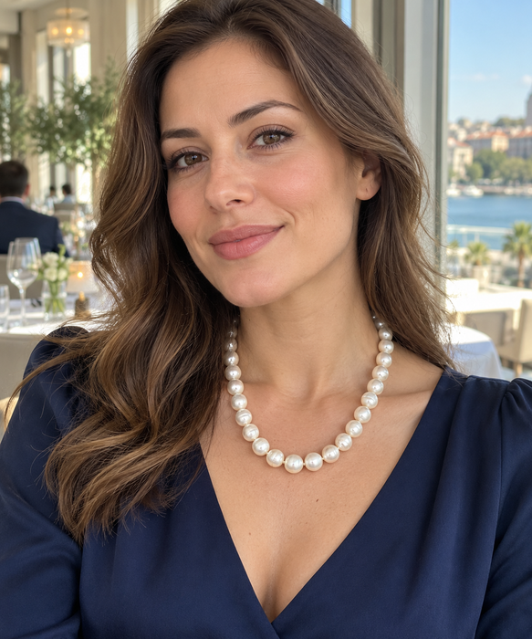 Perla dei Mari del Sud bianca, 9-13 mm, chiusura in oro 18 carati