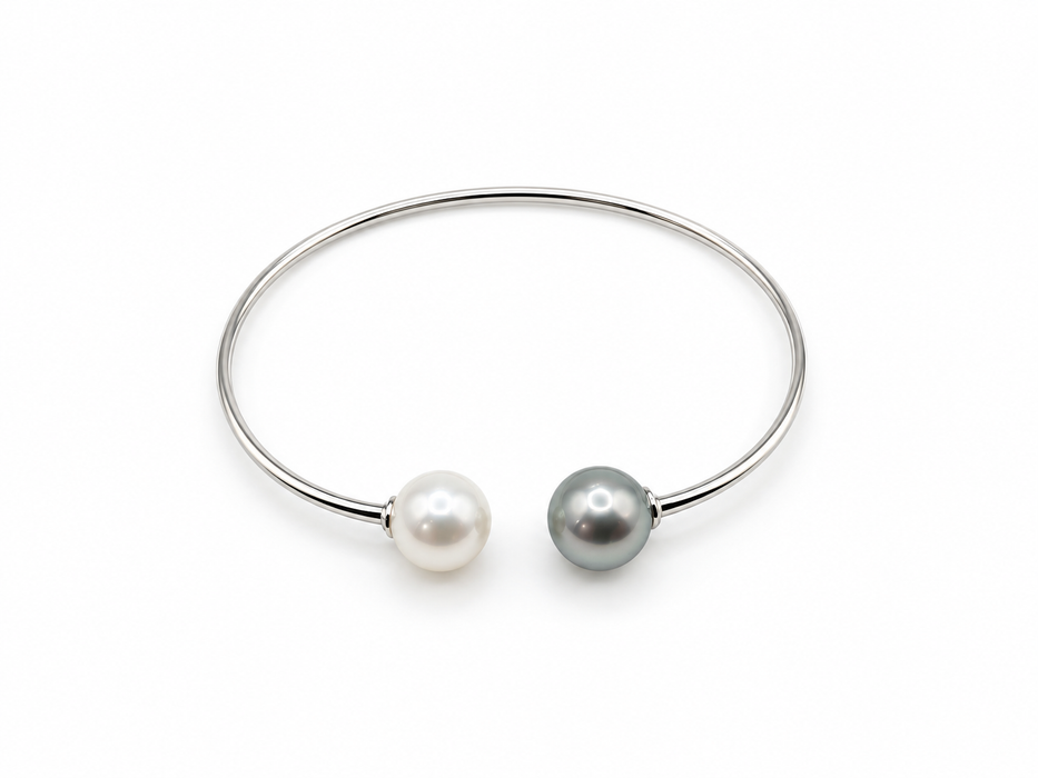 Bracciale con perla di Tahiti e perla dei Mari del Sud bianca 9-10 mm, tonde e lustro alto