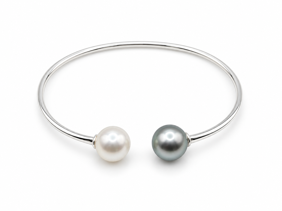 Bracciale con perla di Tahiti e perla dei Mari del Sud bianca 9-10 mm, tonde e lustro alto