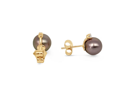 Stud Earrings Tahiti Pearls 9 mm AAA, Diamonds, 18K Solid Gold | The South Sea Pearl |  The South Sea Pearl