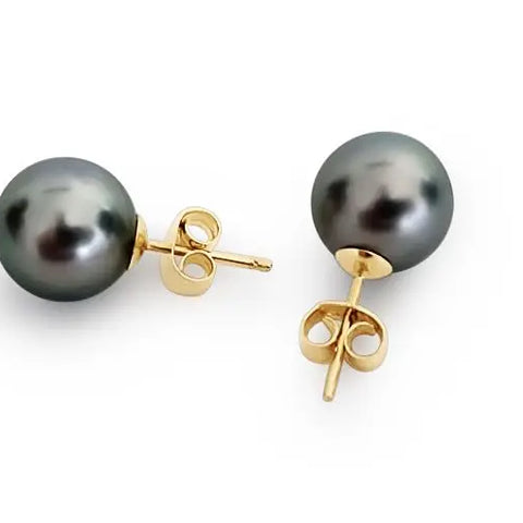 Dark Tahitian cultured pearl earrings 10mm round in 18K Gold (Pinctada margaritifera) — The South Sea Pearl