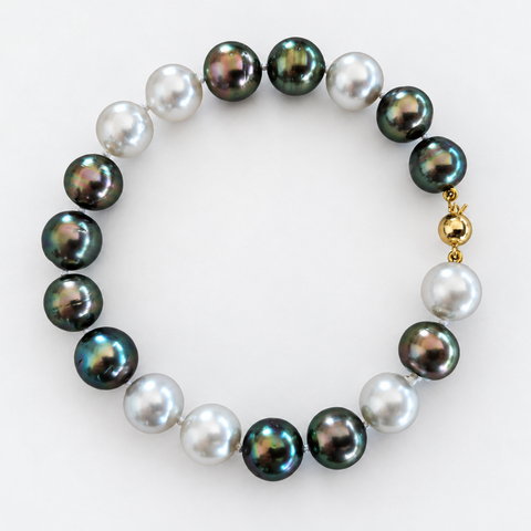 Bracciale con perle di Tahiti e perle dei Mari del Sud bianche 10-11 mm, chiusura in oro giallo 18 carati