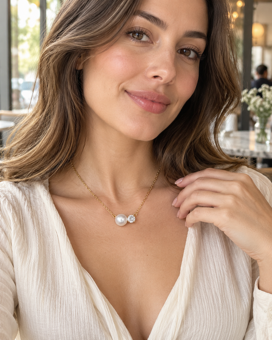 White Cultured Pearls  White Topaz Stone Necklace