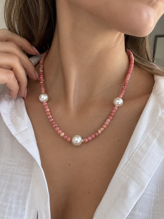 South Sea Pearl & Rhodochrosite Precious Stones 18K Gold Necklace