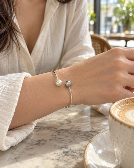 Bracciale con perla di Tahiti e perla dei Mari del Sud bianca 9-10 mm, tonde e lustro alto