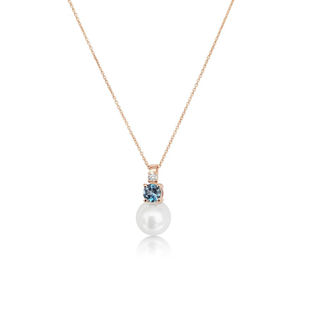 Akoya Cultured Pearl, Diamond, London Blue Topaz 18K Rose Gold necklace - MIMUKA