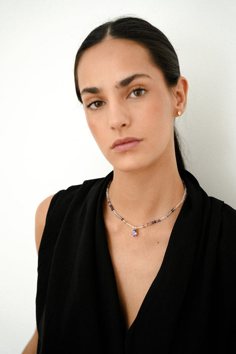 Collar Amatista Lagrima 12 x 8 y Fluorita 3 mm redonda tallada, Oro 18K - MIMUKA