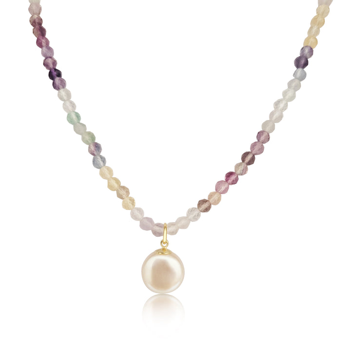 Collar Colgante Perla Cultivada 12 mm y Piedras Preciosas Fluorite, Oro 18K - MIMUKA