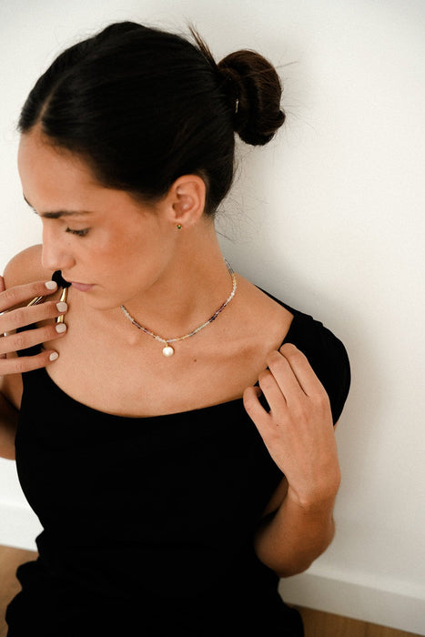 Collar Colgante Perla Cultivada 12 mm y Piedras Preciosas Fluorite, Oro 18K - MIMUKA