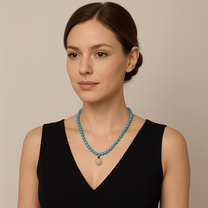 Collar de Perla Cultivada Australiana 8mm, Turquesas 5 - 6 mm, Topacio Azul, Oro Amarillo 18K, 40cm - MIMUKA