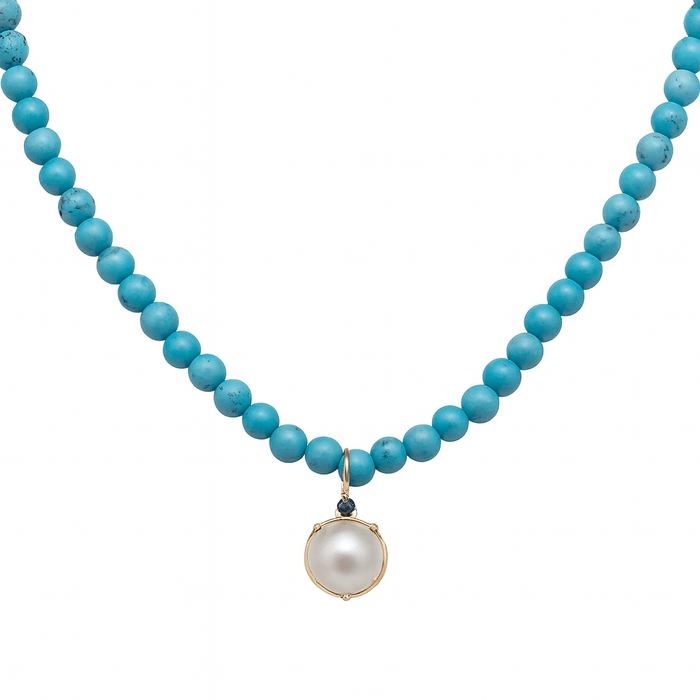 Collar de Perla Cultivada Australiana 8mm, Turquesas 5 - 6 mm, Topacio Azul, Oro Amarillo 18K, 40cm - MIMUKA