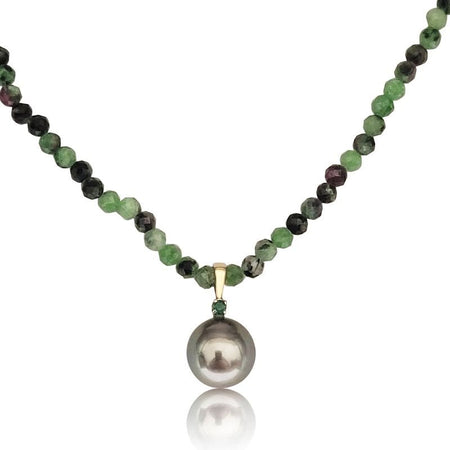 Collar de Perla Tahití y Esmeralda, Piedras Preciosas Epidote 3 mm redondas talladas, Oro Amarillo 18K - MIMUKA