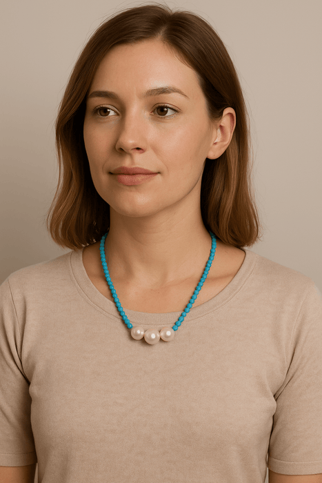 Collar de Perlas Cultivadas Barrocas 11 - 12 mm con Turquesas 5 mm, Cierre de Oro 18K, 45 cm - MIMUKA