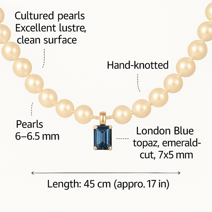 Cultured Pearl Necklace with London Blue Topaz Pendant and 18K Gold – Handcrafted – 45 cm - MIMUKA